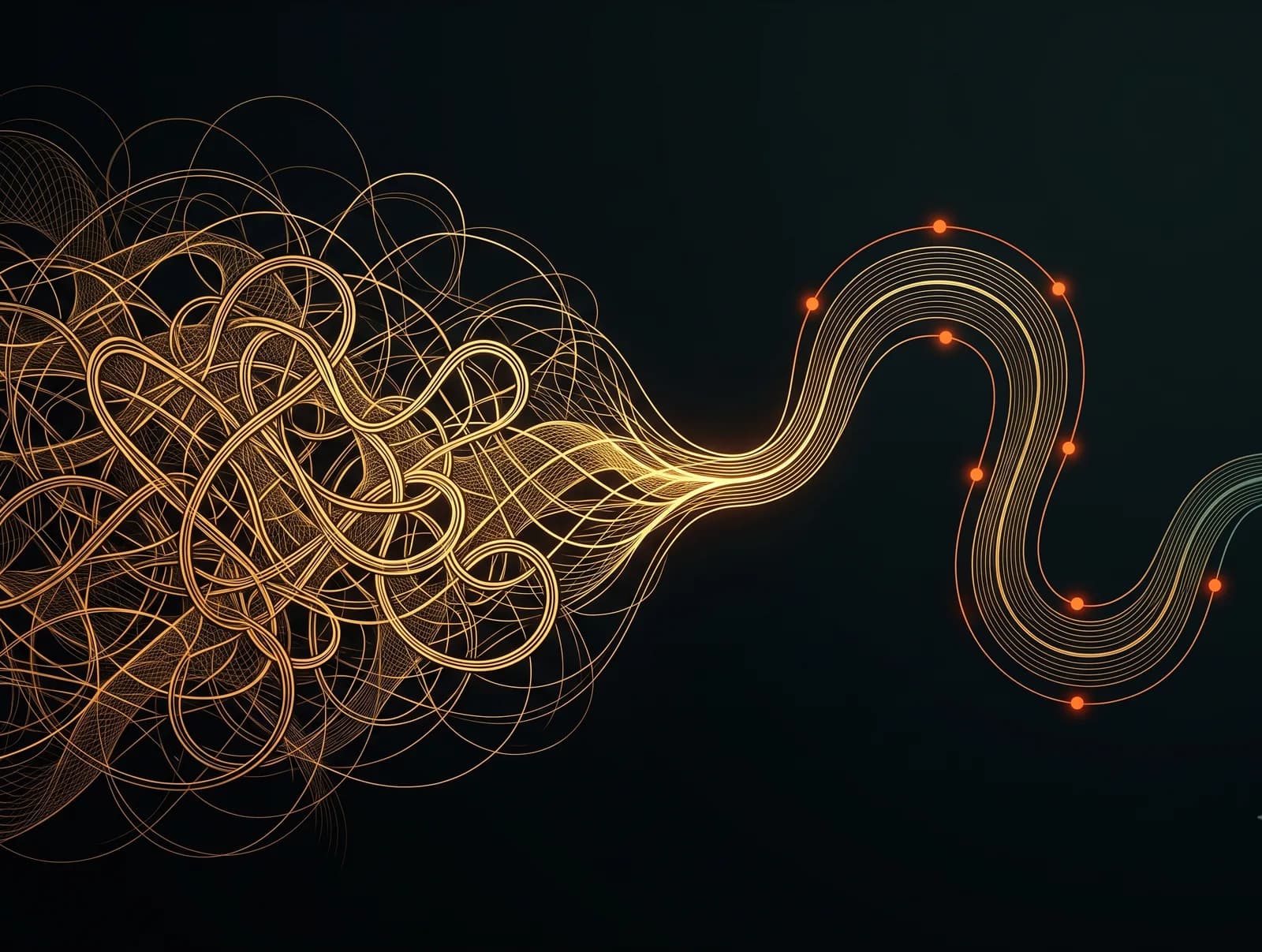 Engraving: a tangle of gold filaments resolving into a clean winding path with glowing orange waypoints and a teal tail