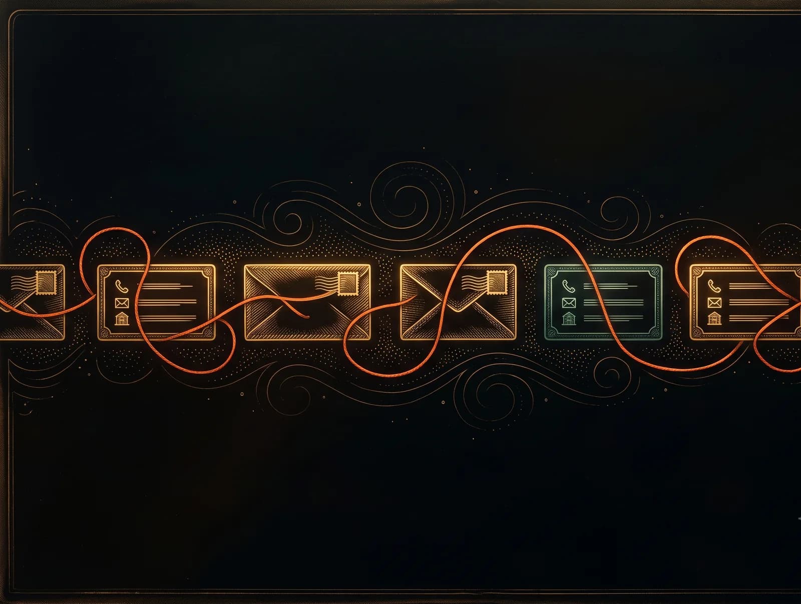 Engraving: a glowing orange thread weaving unbroken through a row of gold contact and envelope cards, one card lit teal