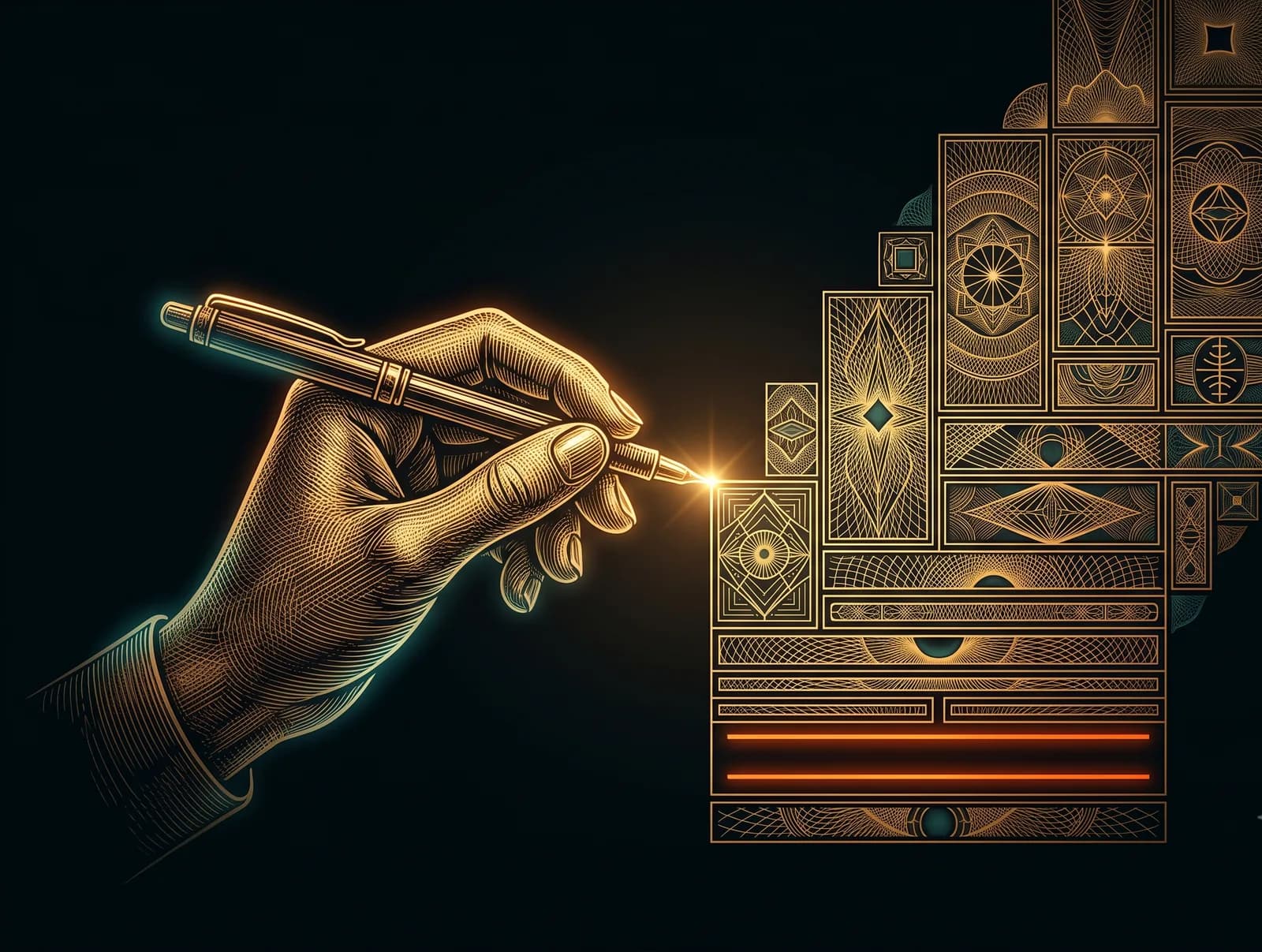 Engraving: a hand with a glowing pen drawing a document that assembles from ornate gold blocks, the price line glowing orange