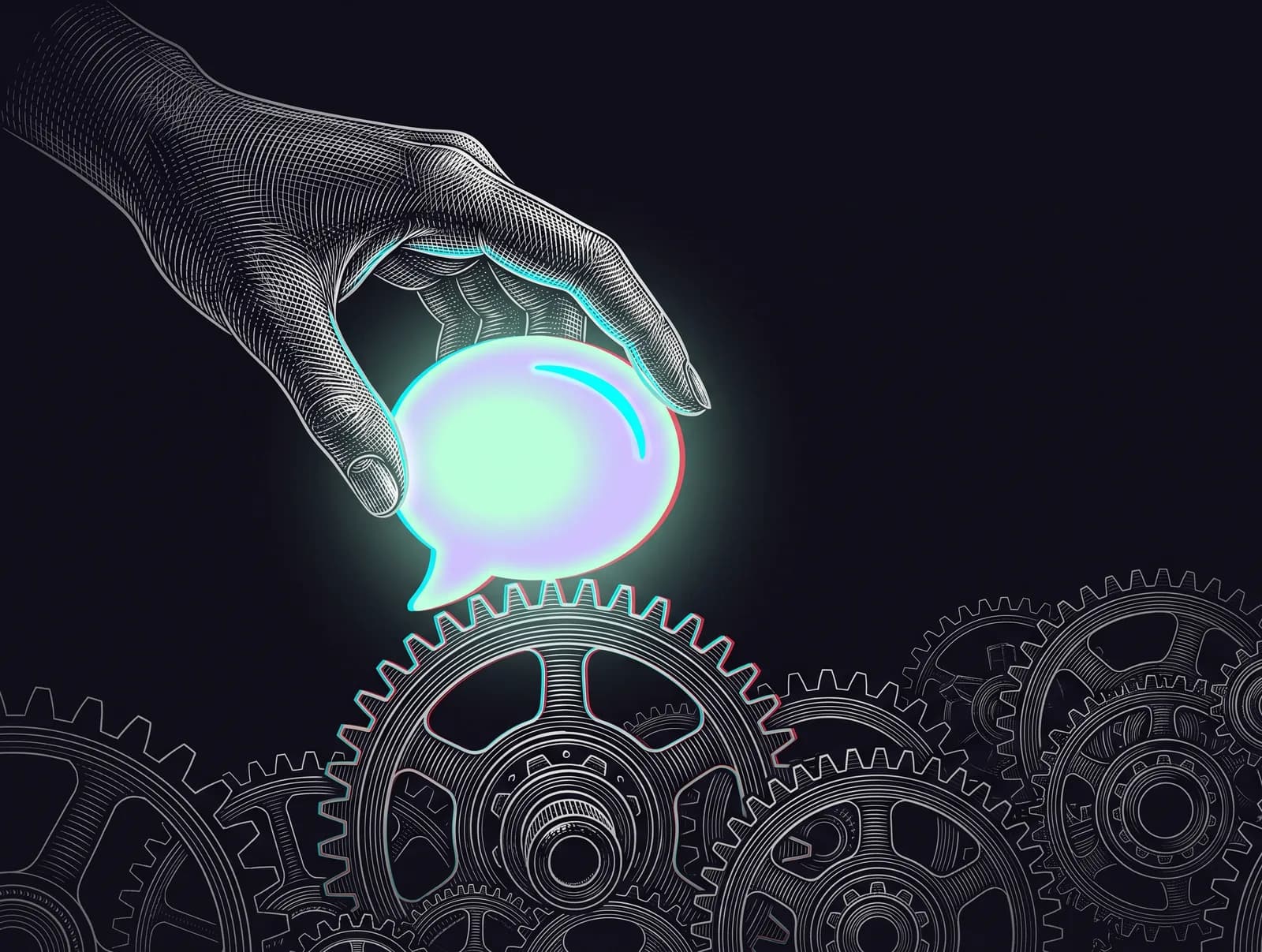 Line-art illustration: a hand placing a glowing chat bubble onto a conveyor of interlocking gears